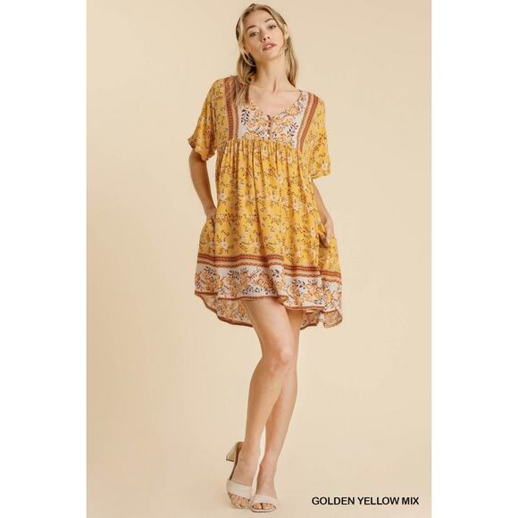 Umgee Gold Yellow Short Sleeve V-Neck Floral Print Boho Babydoll Mini Dress, S - Picture 1 of 5